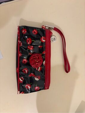 Vera Bradley Black Wallet Wristlet with Red Poppy Print and Red Trim